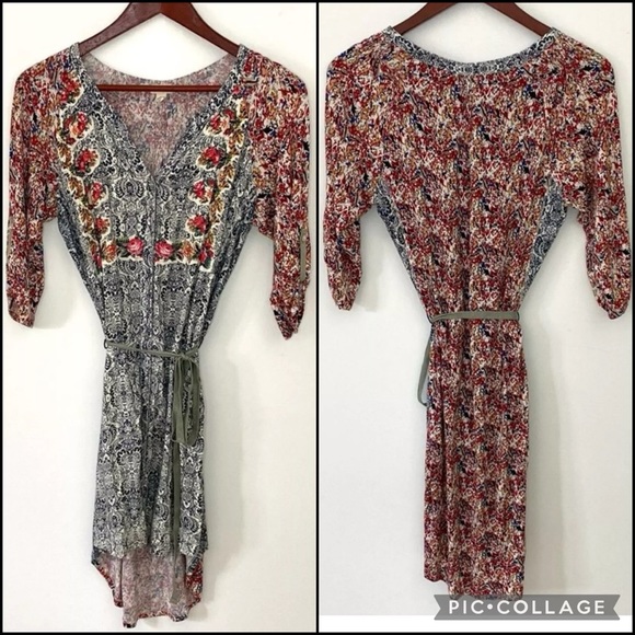 Anthro Tiny Floral Damask Mixed Media Buttondown Belted Shirtdress Dress - Picture 8 of 13